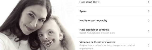 Black and white image of Natalie and Sophie Weaver and screenshot of Instagram options when reporting a comment