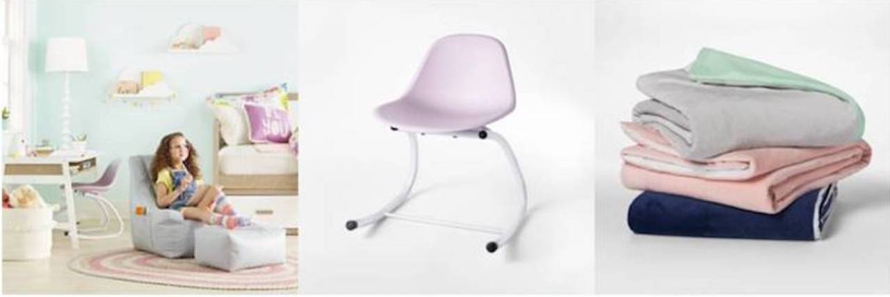 Target's Pillowfort Launches New Sensory-Friendly Line Collage of 6 Pillowfort items: bean bag chair, rocking chair, weighted blankets, tent, floor cushion and crash pad