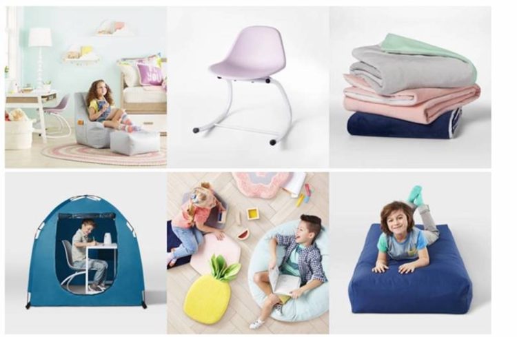 Collage of 6 Pillowfort items: bean bag chair, rocking chair, weighted blankets, tent, floor cushion and crash pad