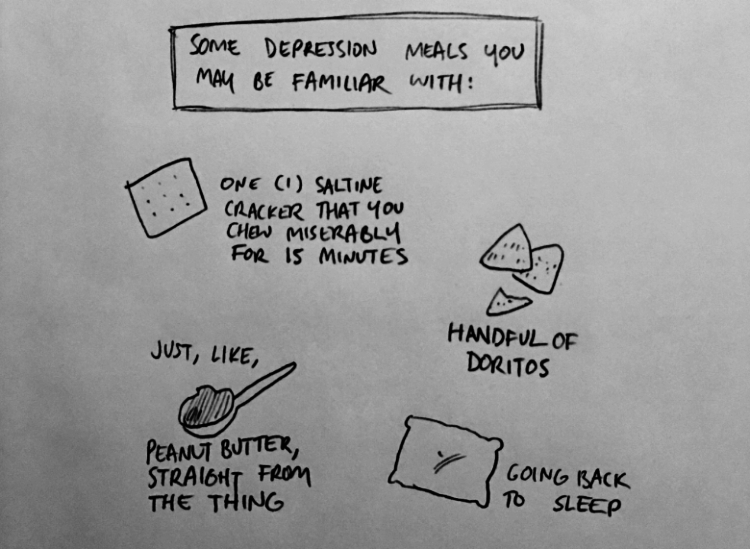 some depression meals you may be familiar with: one saltine cracker that you chew miserably for 15 minutes, handful of doritos, just like, peanut butter, straight from the thing, going back to sleep