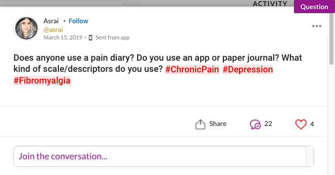 Mighty question that asks: "Does anyone use a pain diary? Do you use an app or paper journal? What kind of scale/descriptors do you use? #ChronicPain #Depression #Fibromyalgia"