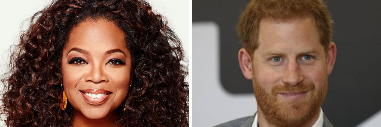 Oprah, Prince Harry Announce Apple Mental Health Doc Collaboration Split screen featuring headshot of Oprah on the left and Prince Harry on the right