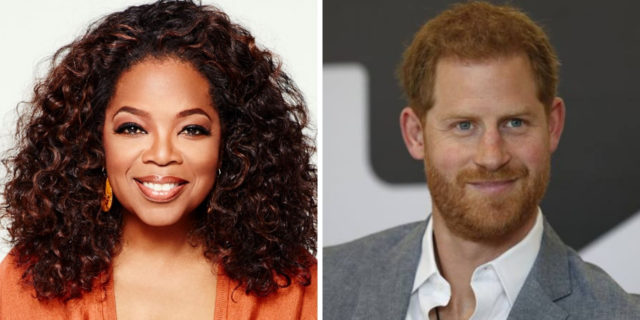 Split screen featuring headshot of Oprah on the left and Prince Harry on the right