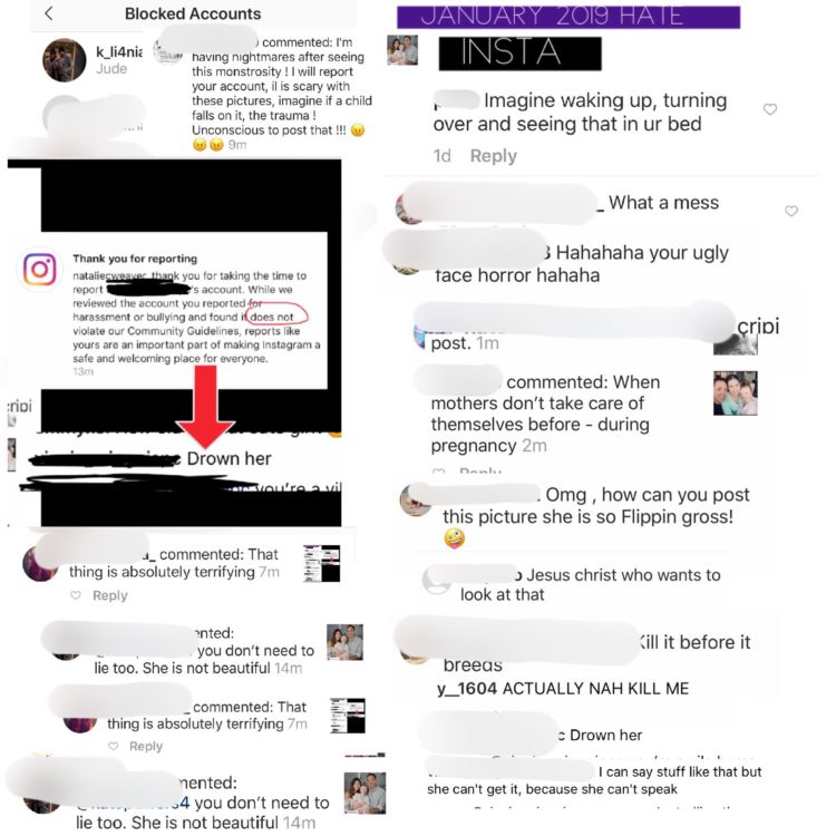 Screenshots of several comments telling weaver to kill her child and an Instagram response that says the comment was not found to violate community standards 