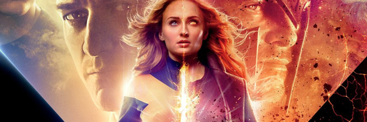 x-men dark phoenix movie poster showing jean grey character with split color down middle
