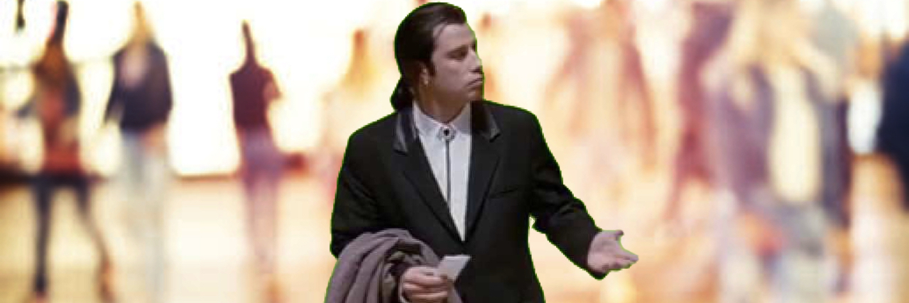 What Is Derealization? A Trauma-Related Type of Dissociation. John Travolta meme in front of a filtered blur abstract people background, unrecognizable silhouettes of people walking on a street