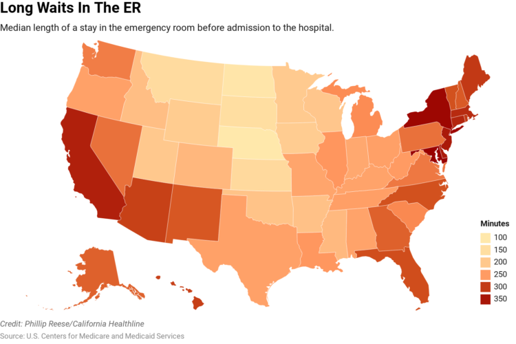 Map showing median length of stay at ERs across the U.S.