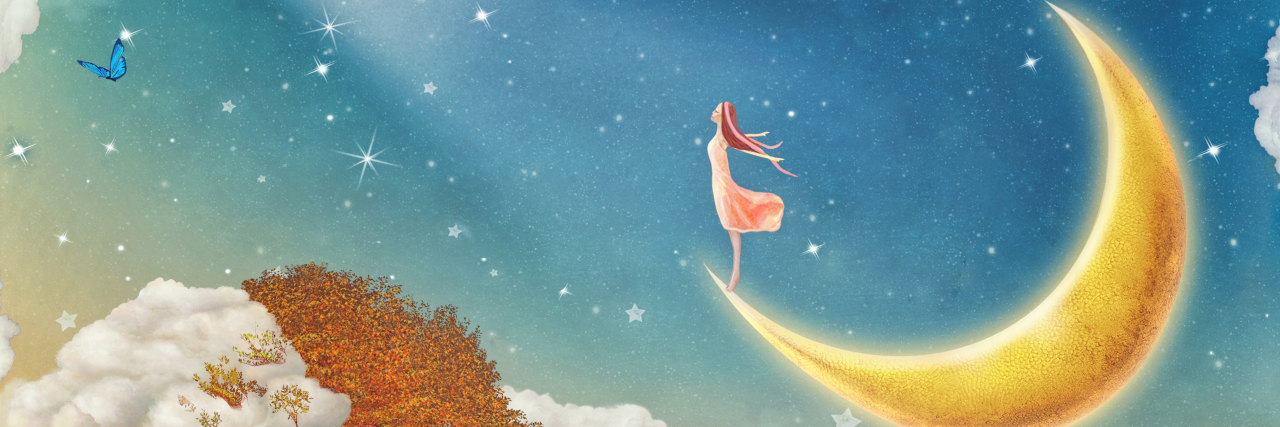 Living With 'High-Functioning' Chronic Migraine Drawing of a woman standing on a crescent moon.