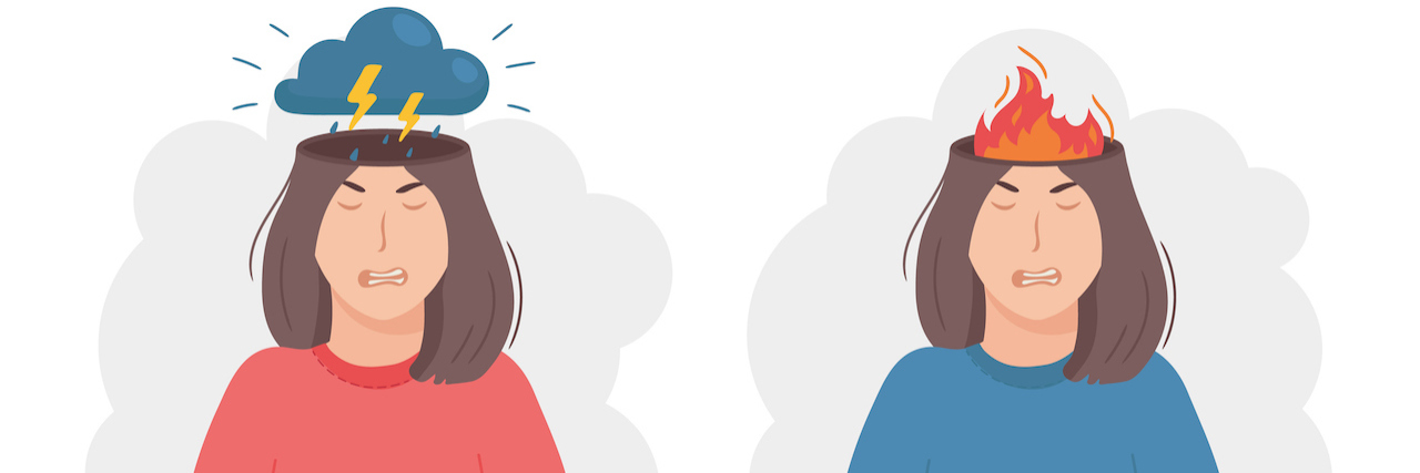 Two illustrations of a woman. In one, there's a thunderstorm cloud her her head. In the other, fire.