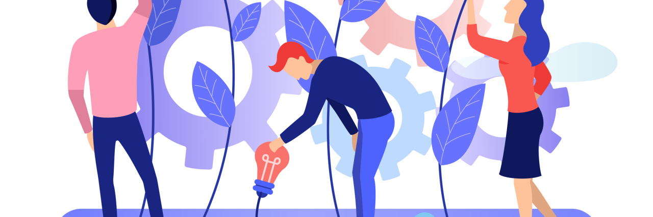 The Ways We Bipolar Folk Are Alike (and Different) A group of people collects the fruits of plants in the form of a light bulb idea. Business creative idea. Concept for business and innovative technologies. Flat character graphic design Vector banner