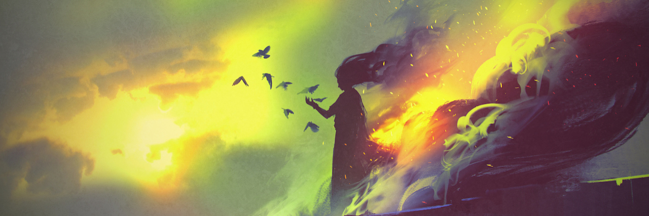 What to Know About Lyme Disease and Suicide A painting of a woman releasing butterflies out of her hand. The background is cloudy and abstract