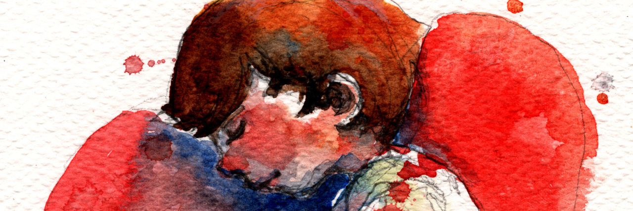 Watercolor image of boy hugging his knees lying on a heart background