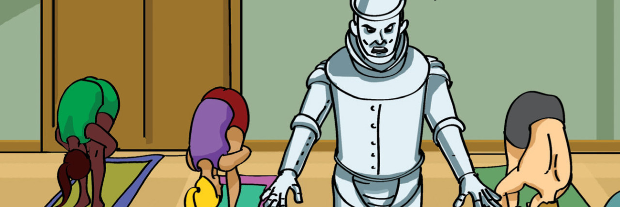 meme showing tin man standing awkwardly in yoga class with speech bubble saying this is bullshit