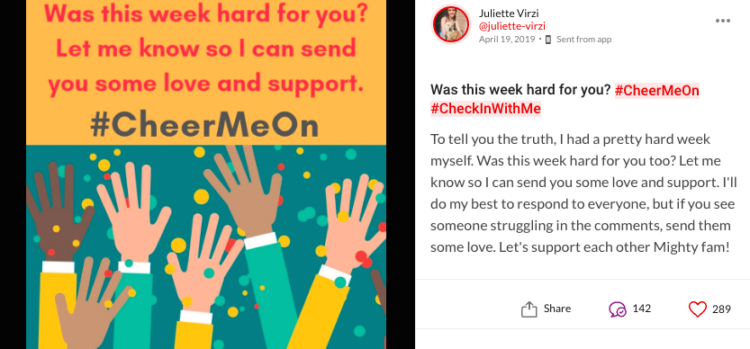 Was this week hard for you? #CheerMeOn #CheckInWithMe To tell you the truth, I had a pretty hard week myself. Was this week hard for you too? Let me know so I can send you some love and support. I'll do my best to respond to everyone, but if you see someone struggling in the comments, send them some love. Let's support each other Mighty fam!