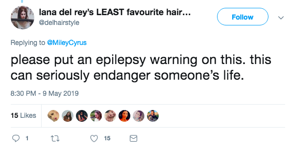 tweet that says 'yes of course! im personally not epileptic but it's very insensitive for her to put this up without a warning.'