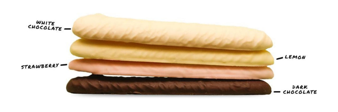 EAT Bar Created for People Who Have Difficulty Swallowing four EAT bars stacked on top of each other. flavors include dark chocolate, strawberry, lemon, white chocolate