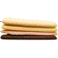 four EAT bars stacked on top of each other. flavors include dark chocolate, strawberry, lemon, white chocolate