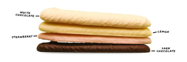 four EAT bars stacked on top of each other. flavors include dark chocolate, strawberry, lemon, white chocolate
