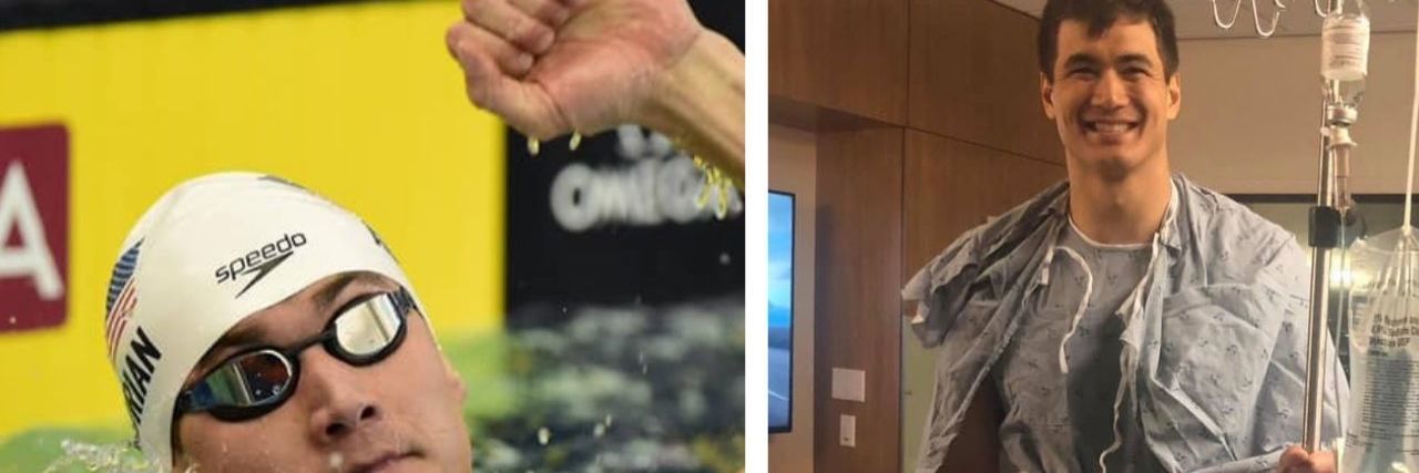 Nathan Adrian Talks About ‘Scan-Xiety’ After Cancer Treatment nathan adrian in pool and at hospital