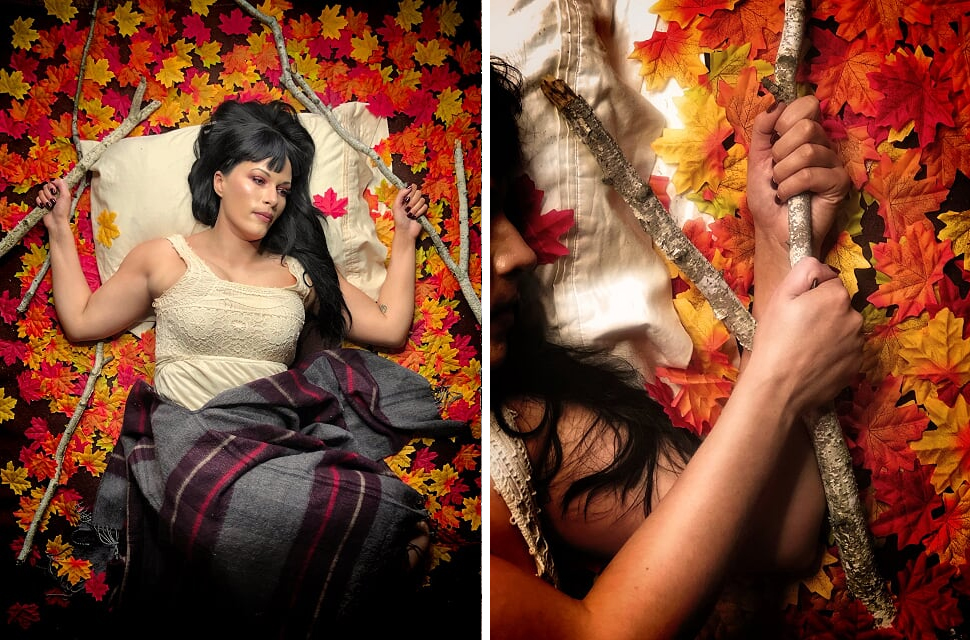 2 images: woman lying in fall leaves, close up of holding branch in fall