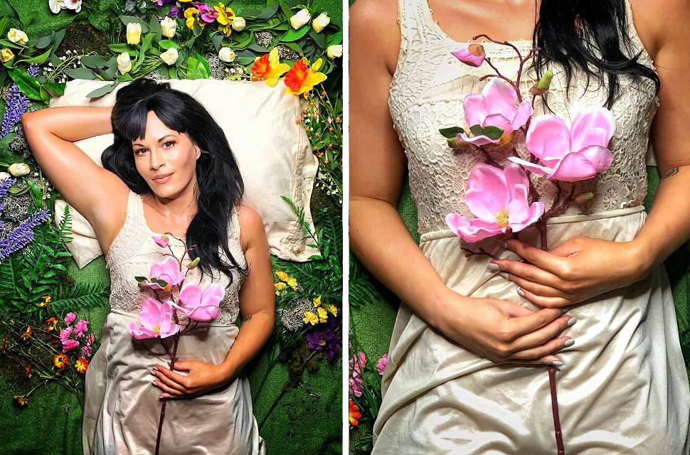 (2 images: woman lying down holding cherry blossom, close up of cherry blossom)