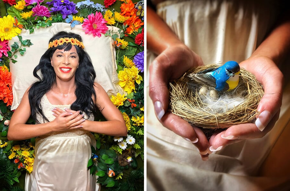 2 images: woman lying down with floral headband, close up of birds nest in hands