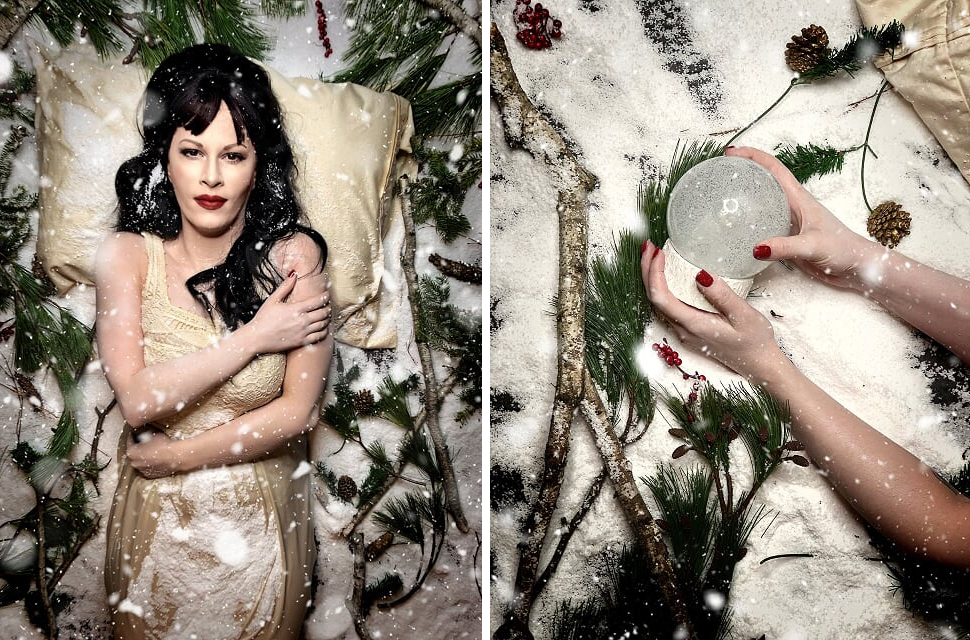 2 images: woman lying in blizzard, close up holding snow globe