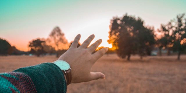 photo of woman's hand reaching out to sunset in area with trees