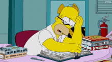 Homer Simpson reading a book and looking exhausted.