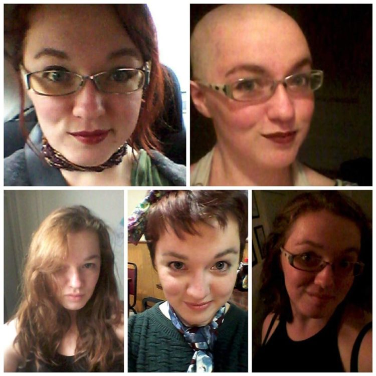 5 photos of a woman's hair changes: one bald, one long hair, one red short hair, 