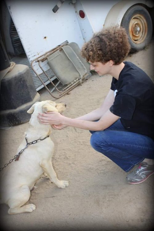 woman with short curly hair petting a dog