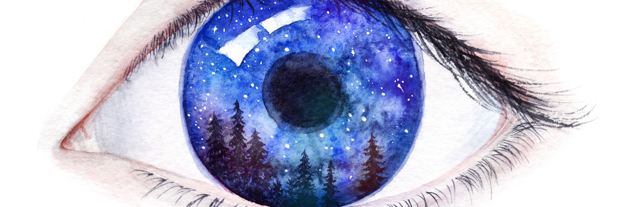 A watercolor painting of an eye, with forrest reflecting from the pupil