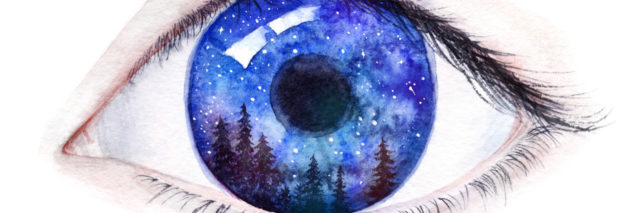 A watercolor painting of an eye, with forrest reflecting from the pupil