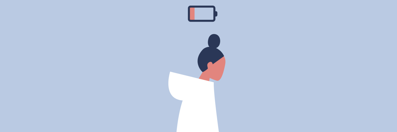 illustration of young woman feeling tired, image of "low battery" above her head