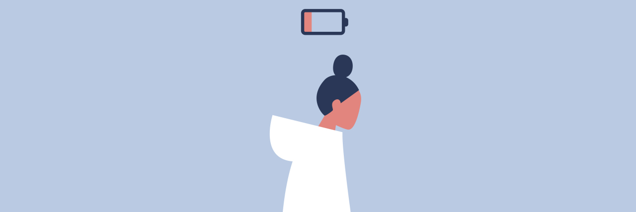 How to Overcome Burnout When You're Chronically Ill illustration of young woman feeling tired, image of "low battery" above her head