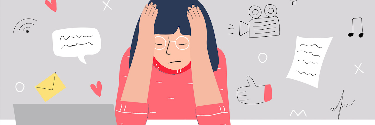 How Sensory Overload Affects Me as Someone With Anxiety, ADHD, and Bipolar Disorder A woman covering her face, with too many sensory objects around her
