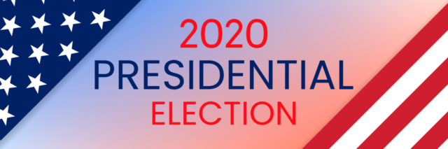 2020 presidential election text with American flag background.