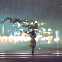 mysterious woman with umbrella at rainy night, digital art style
