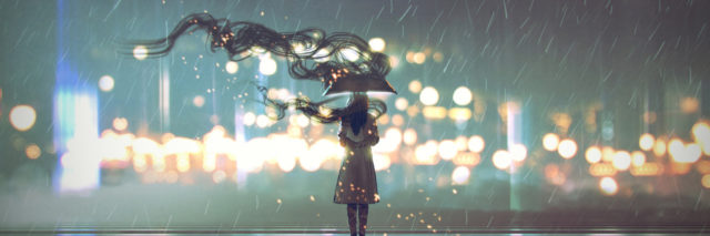 mysterious woman with umbrella at rainy night, digital art style