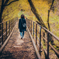 a woman walking over a bridge in a park