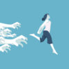 An illustration of a woman running away from outstretched arms