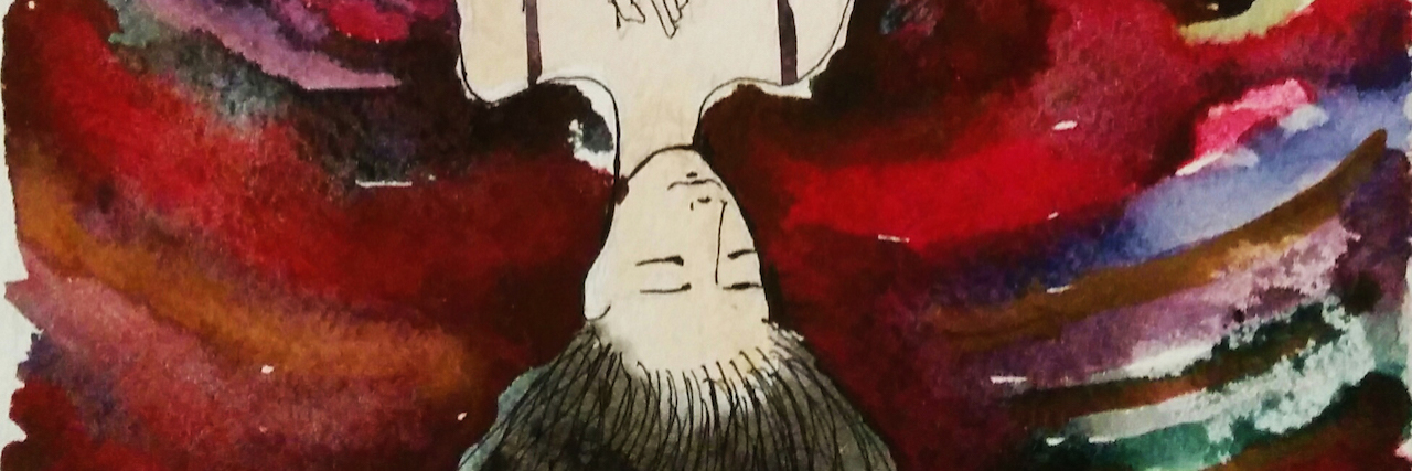 A watercolor of an upside down woman with her hair handing down