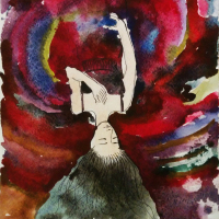 A watercolor of an upside down woman with her hair handing down