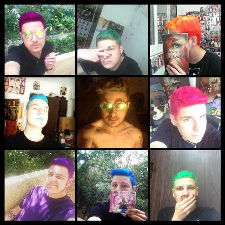 3x3 photo display of man with different colored hair in each picture