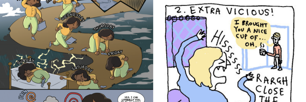 9 Comics About Chronic Illness left: fibromyalgia and us comic. right: migraine vampire comic