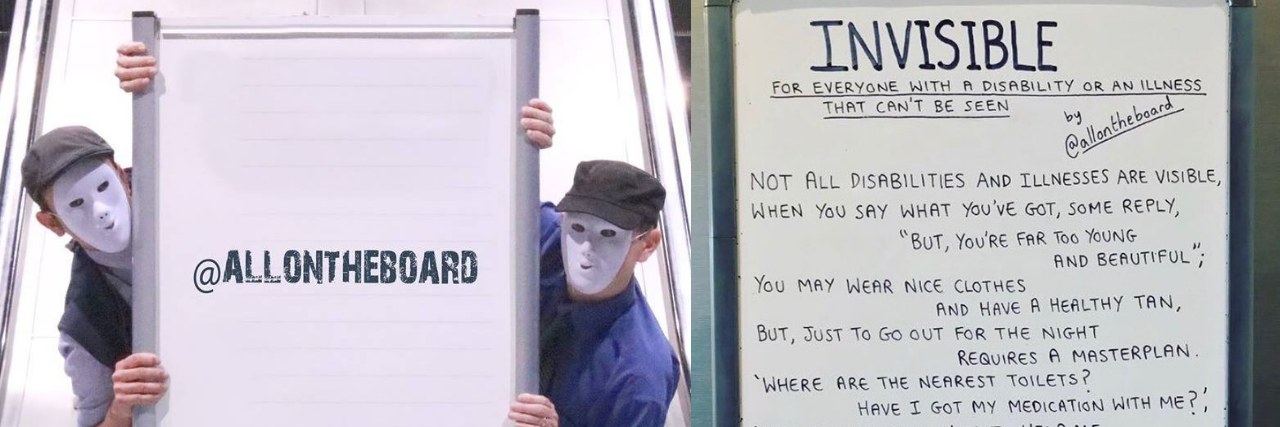 All on the Board Raises Awareness of Invisible Illnesses left photo: E1 and N1 of All on the Board. right photo: board labeled 'invisible' with a poem about invisible illness
