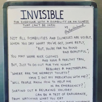 left photo: E1 and N1 of All on the Board. right photo: board labeled 'invisible' with a poem about invisible illness