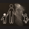 A stick figure of a family with the father blurred out.