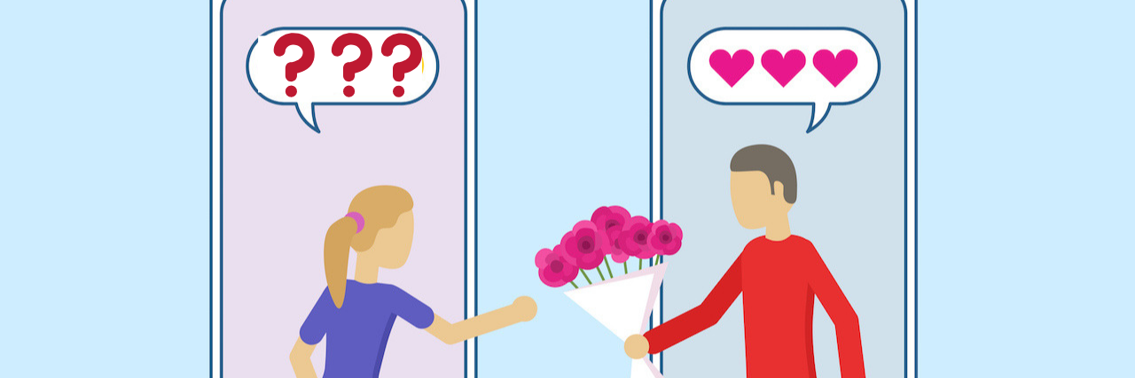 Illustration: A man handing a woman flowers, who is unsure.