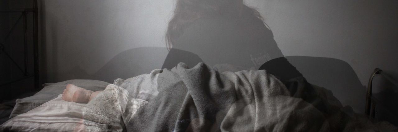 Having a Sudden Panic Attack in Your Sleep double exposure photo of woman lying in bed and also sitting up in bed